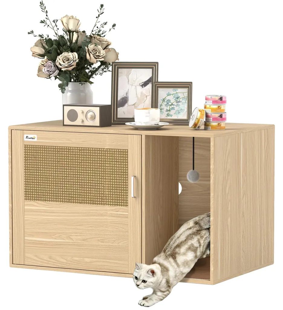 Meuble litière pour chat avec tapis à griffer et porte en rotin kaki