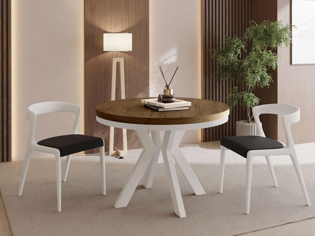 Runder Esstisch Ausziehbar 100-200 cm XXL Groß – Verlängerbar, für 5-10 Personen mit Weißen Holzbeinen & Metallring – Tisch für Wohnzimmer...