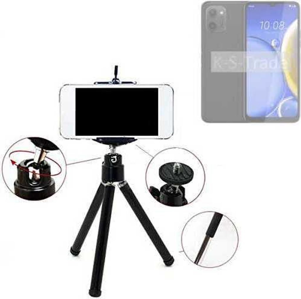 K-S-Trade Smartphone Stativ Dreibein kompatibel mit HTC Wildfire E Plus Tripod aus Aluminium Klemmstativ Stativ Adapter für Mobiltelefone schwarz 1x