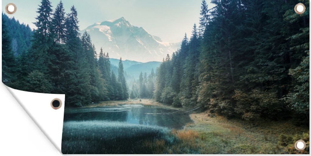 MuchoWow 80x40 cm Outdoor-Poster Gartendeko Sichtschutz Garten Poster für den Garten Wald - Gras - Berge - Bäume - Natur