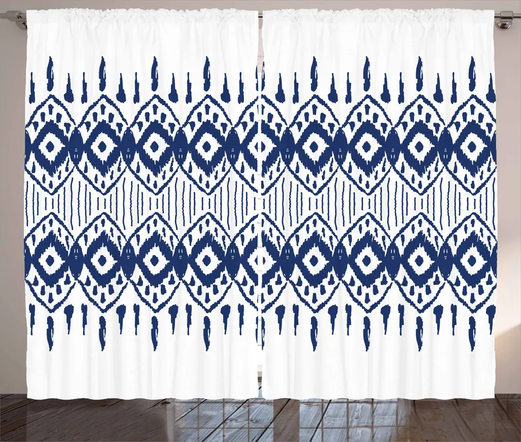 ABAKUHAUS Tenda rustica Ikat, bordi tribali orientali, tende universali per soggiorno con passanti e ganci, 280 x 225 cm, blu navy e bianco