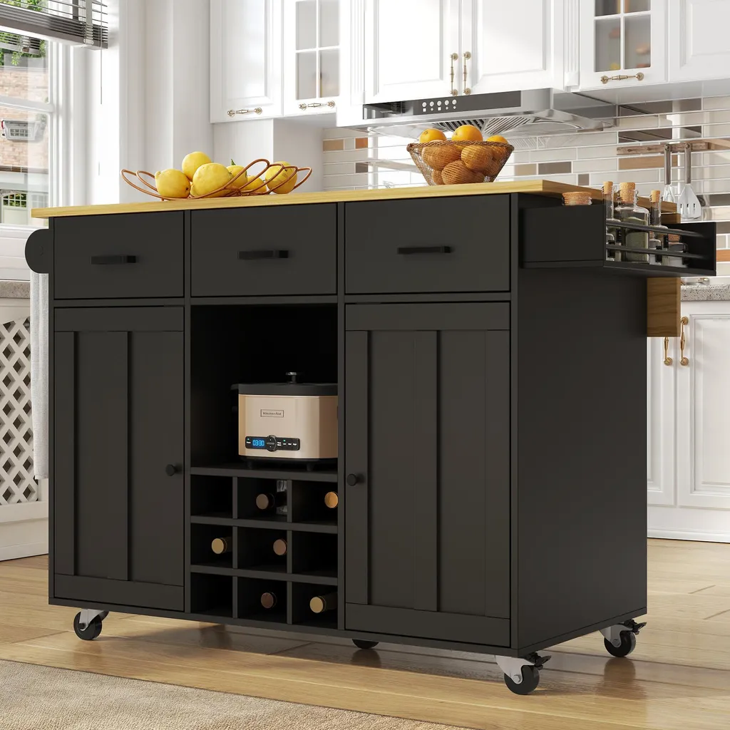 Îlot Central Amovible Noir 124x65cm avec Plan de Travail Rabattable MDF