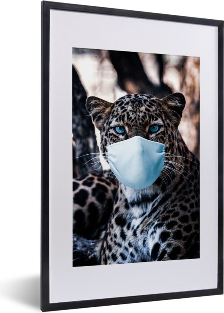 MuchoWow MuchoWow Gerahmtes Poster Leopard - Mundschutz - Blau 40x60 cm - Poster mit zchwarzem Bilderrahmen - Poster in Rahmen