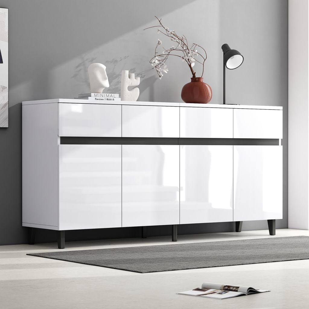 MODFU Hochglanz Kommode Sideboard mit 4 Schubladen, 2 Türen und höhenverstellbaren Regalböden, Schrank Buffet für Wohnzimmer, Schlafzimmer, Kin...
