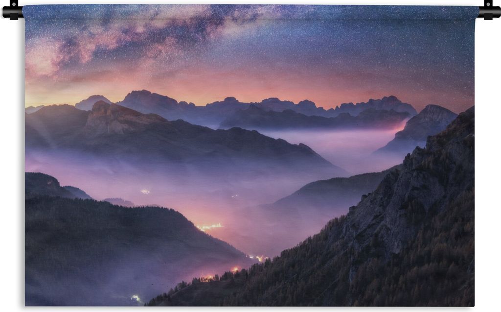 MuchoWow Wandteppich Wandbehang Berge - Sternenhimmel - Nebel 90x60 cm Tapisserie Dekoration Wandtuch - Wandskulpturen - Bildteppich