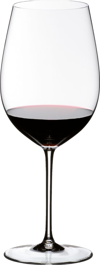 A clear studio shot of a wine glass filled with red wine.
