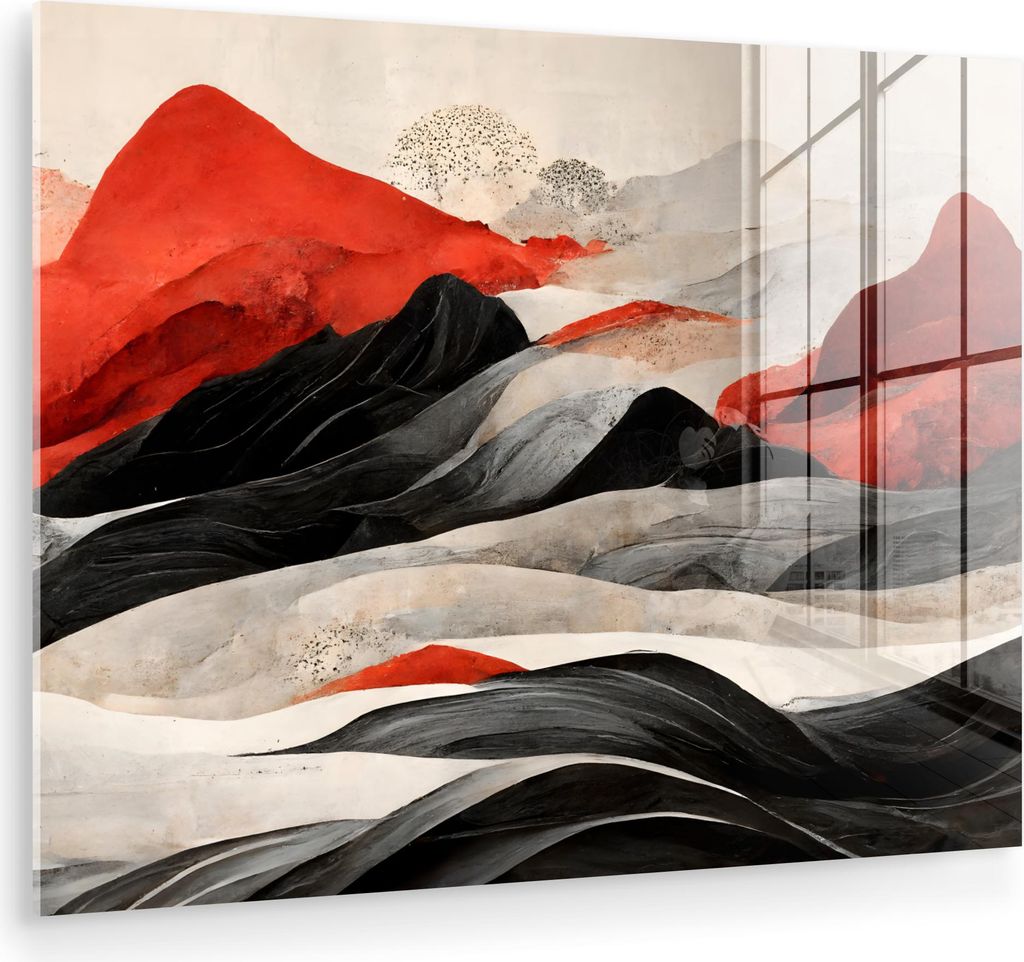 MuchoWow Glasbilder - Bilder auf Wandbild - Foto auf Glas Kunst - Berge - Rot - Weiß - Schwarz 80x60 cm Wanddekoration aus Glas - Acrylglasbild - ...