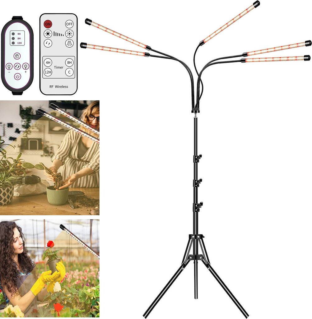 Vollspektrum LED-Pflanzenwachstumslicht 245 LED Dimmbar,Timer Stehpflanzenlampe,5 Köpfe PflanzenLampe mit USB-Stecker& Fernbedienung,3 Modi