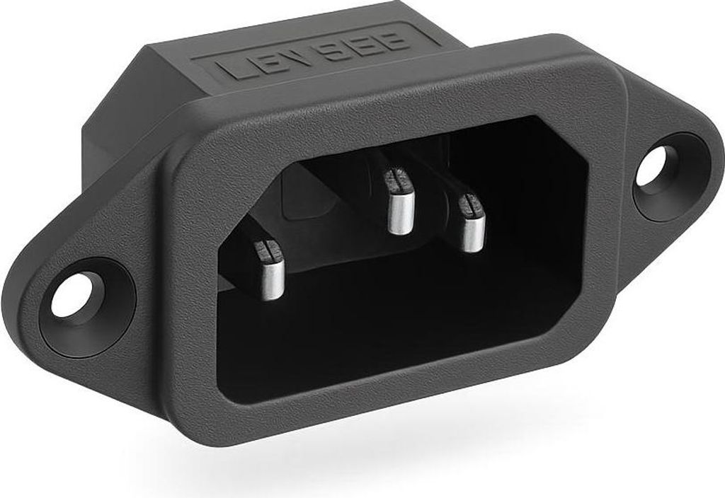 A black power inlet socket with three pins and mounting flanges.