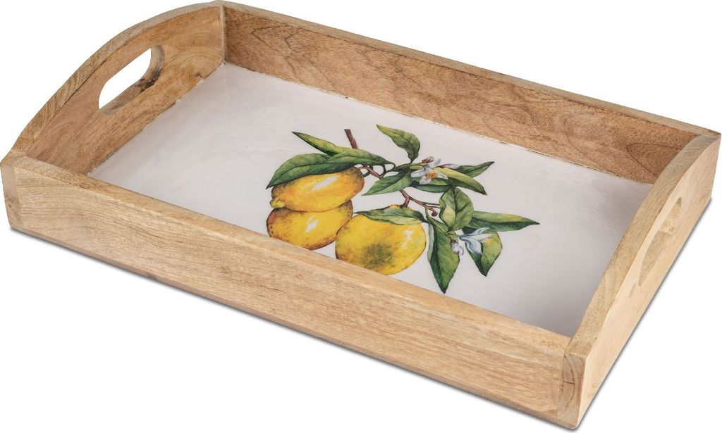 Serviertablett ZITRONEN rechteckig 26x40cm aus Mangoholz + Emaille Formano S25