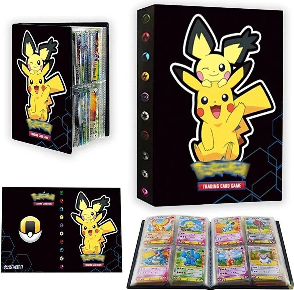 Sammelalbum Sammelheft für Pokemon Karten, 4 Taschen 30 Seiten 240 Karten Kapazität, Pikachu Pichu schwarz
