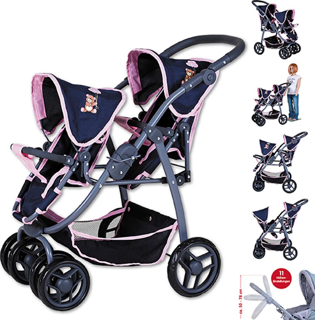 Zwillingspuppenwagen Milo - "Navy pink bear" Produktbild 