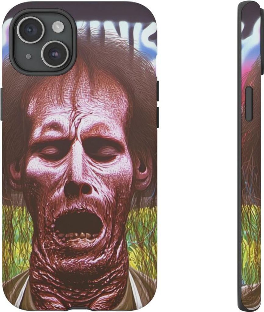 Surreales Zombiegesicht vor feurigem Himmel – Hülle Kompatibel mit iPhone 15 Plus