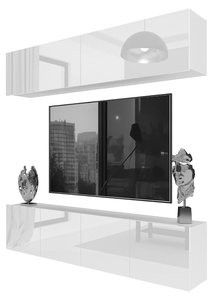 BELINI Wohnwand MILANO 6 Wohnzimmer 200 cm - Weiß Hochglanz, Moderne Schrankwand Set, Anbauwand TV-Schrank Griffloses System