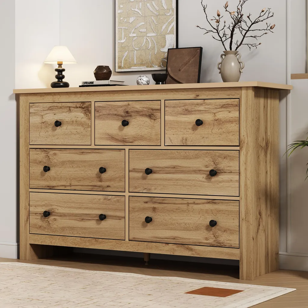 Buffet MODFU 7 Tiroirs - Meuble de Rangement Bois 152x40x89 cm Salon