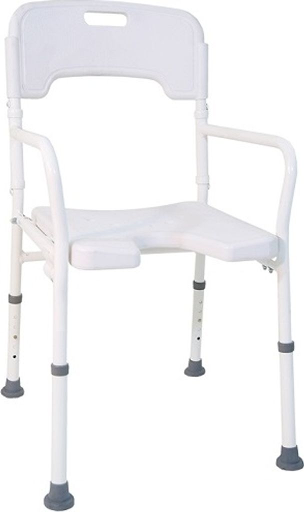 A white shower chair with armrests and a backrest, shown from the front.