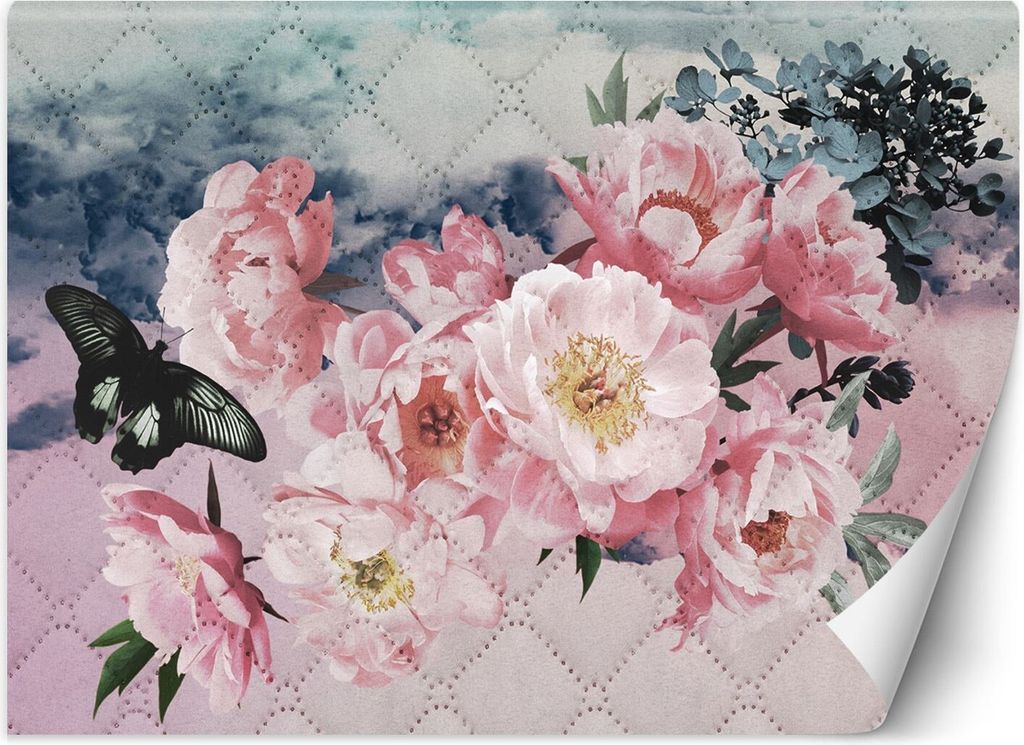 Vlies fototapete Pfingstrosen und Schmetterling auf gesteppter Pastelltextur 150x105 cm Feeby Rosa inkl. Kleber einfache Montage
