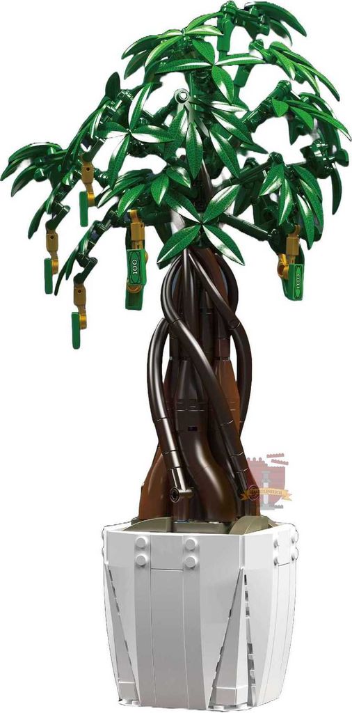 A Lego-style money tree in a white pot.