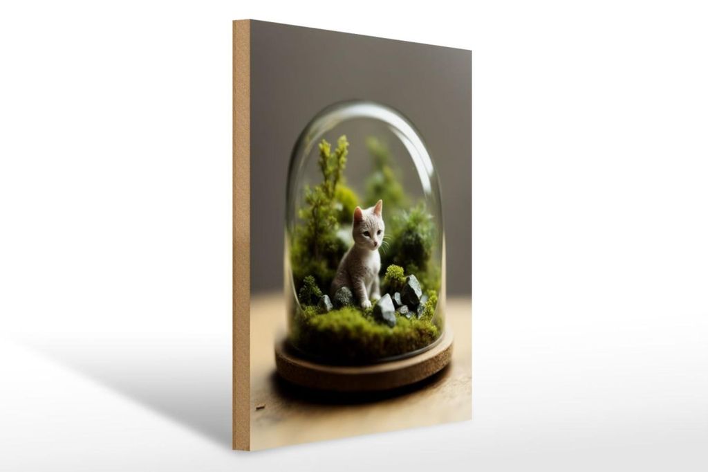 Holzschild 12x18cm Katzenglas Statue 2