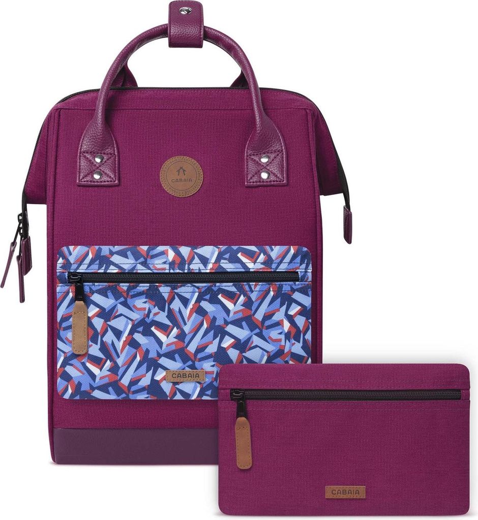 A purple backpack with a geometric pattern on the front pocket and a separate pouch in front of it.