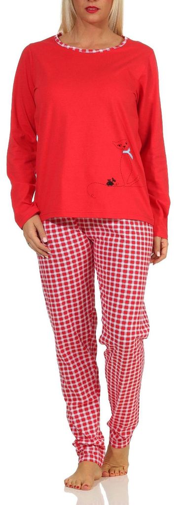 Damen langarm Schlafanzug Pyjama mit süssen Katzen Motiv und karierter Jersey Hose ; rot , 36