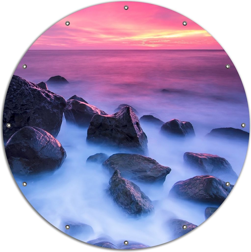 Wallario rundes Outdoor-Poster für Garten oder Balkon, Motiv Felsen im Meer bei Sonnenuntergang, 120 cm Durchmesser