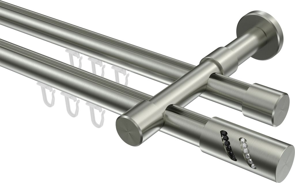 Interdeco Innenlaufstange / Gardinenstange mit Innenlauf Edelstahl-Optik, Typ Prestige Zoena (Glitzerzylinder), 20 mm Ø 2-läufig, 420 cm