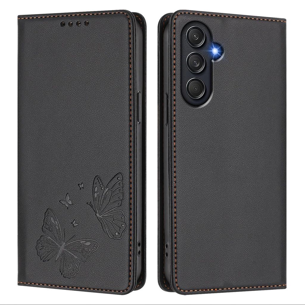 Lederhülle für Samsung Galaxy M54 5G, Schmetterling Prägung Leder Brieftasche Schutzhülle mit Ständer Schwarz