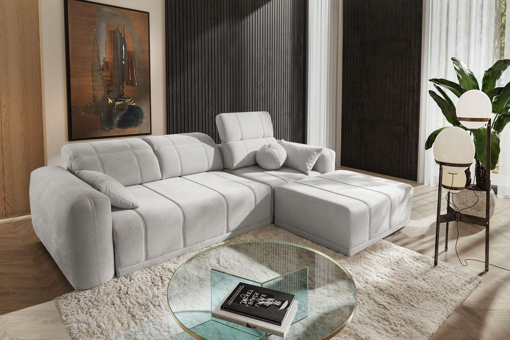 Moderne Eckcouch RAVELLO I Hellgrau – Sofa für Wohnzimmer, rechtsseitig, mit Schlaffunktion & Bettkasten