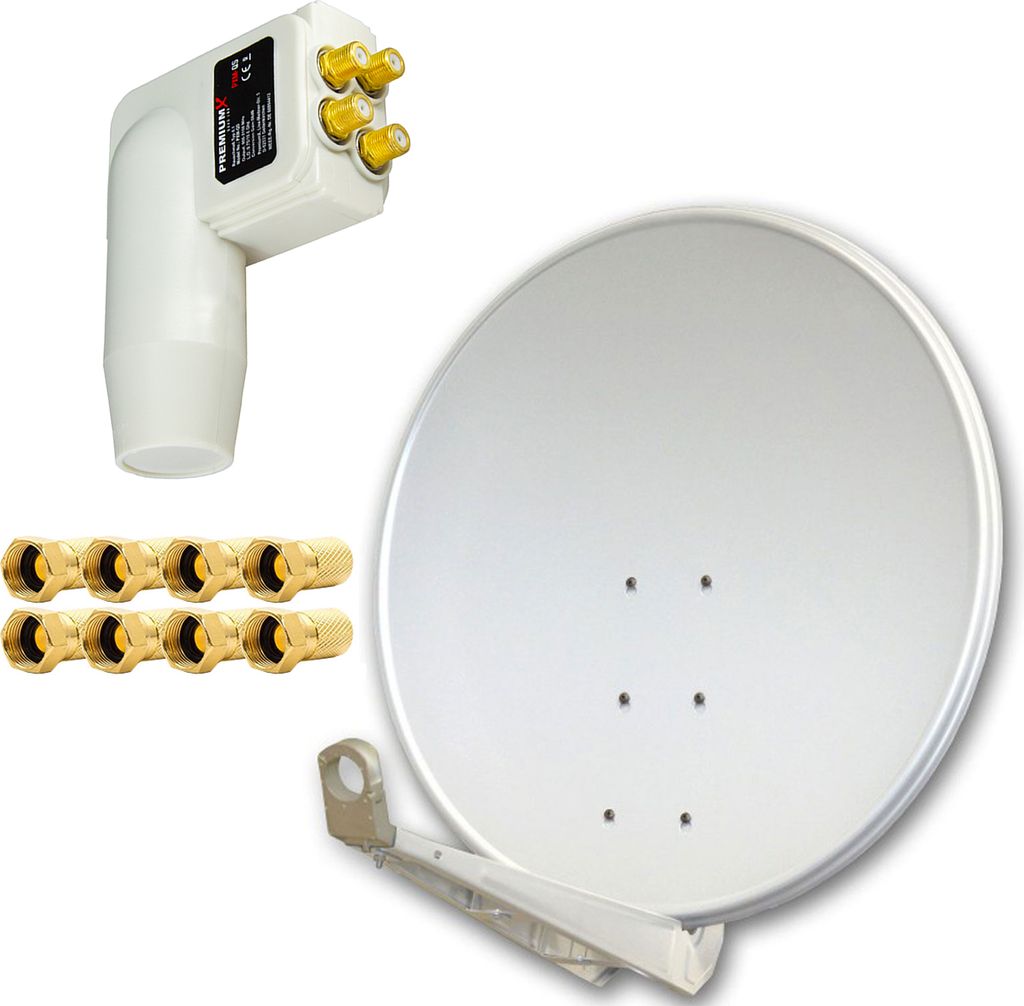 PremiumX DELUXE SAT Anlage für 4 Teilnehmer 100cm Satellitenantenne ALU Hellgrau mit Quad LNB inkl. 8x F-Stecker
