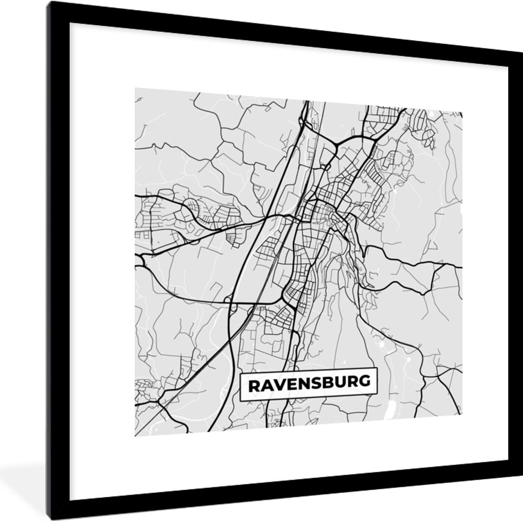 MuchoWow Gerahmtes Poster Deutschland - Stadtplan - Ravensburg - Karte 40x40 cm - Poster mit Schwarzem Bilderrahmen Wandposter Rahmen Foto Bilder...