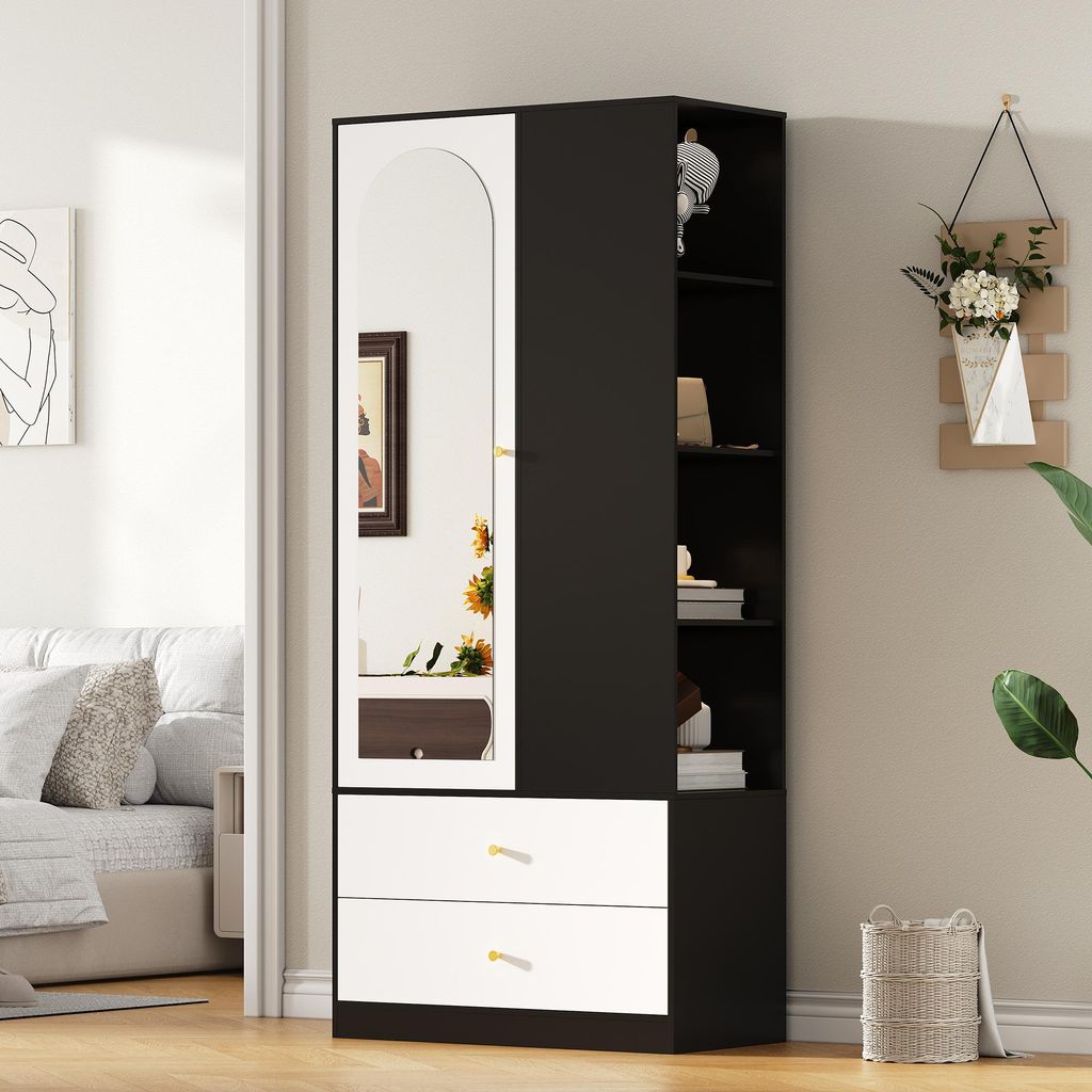 Flieks Kleiderschrank Eckkleiderschrank mit Spiegel und 2 Schubladen, Garderobe mit Kleiderstange und offenen Staufächern, 80x40x180cm, Weiß