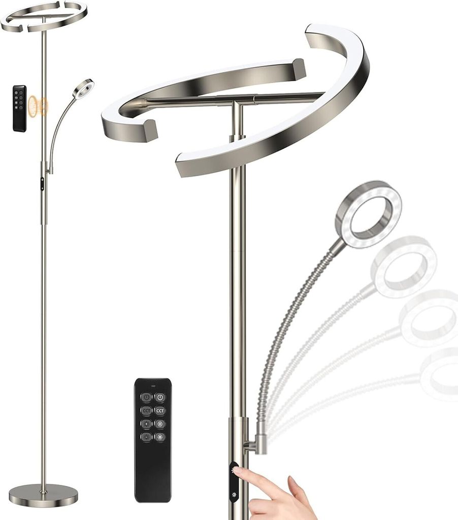 ANTENLICHT Stehlampe Dimmbar LED Silber-Stehleuchte 20W mit flexibler 7W Leselampe Modern deckenfluter mit fernbedienung für Wohnzimmer, Schlafzimmer