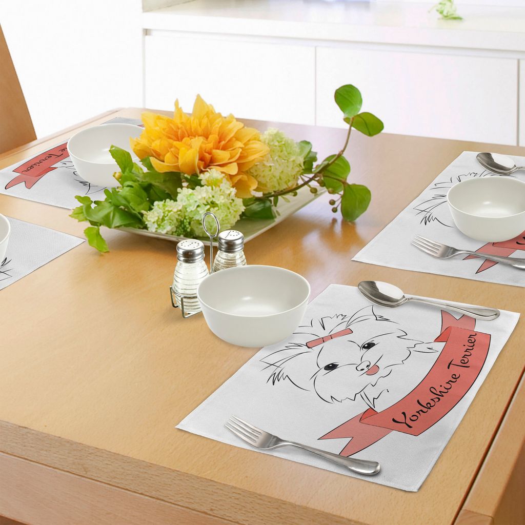 ABAKUHAUS Yorkie Platzmatten, Cute Puppy mit Haarschnalle Yorkie Terrier Animal Ribbon Zeichentrickfigur Drucken, Tiscjdeco aus Farbfesten Stoff f...