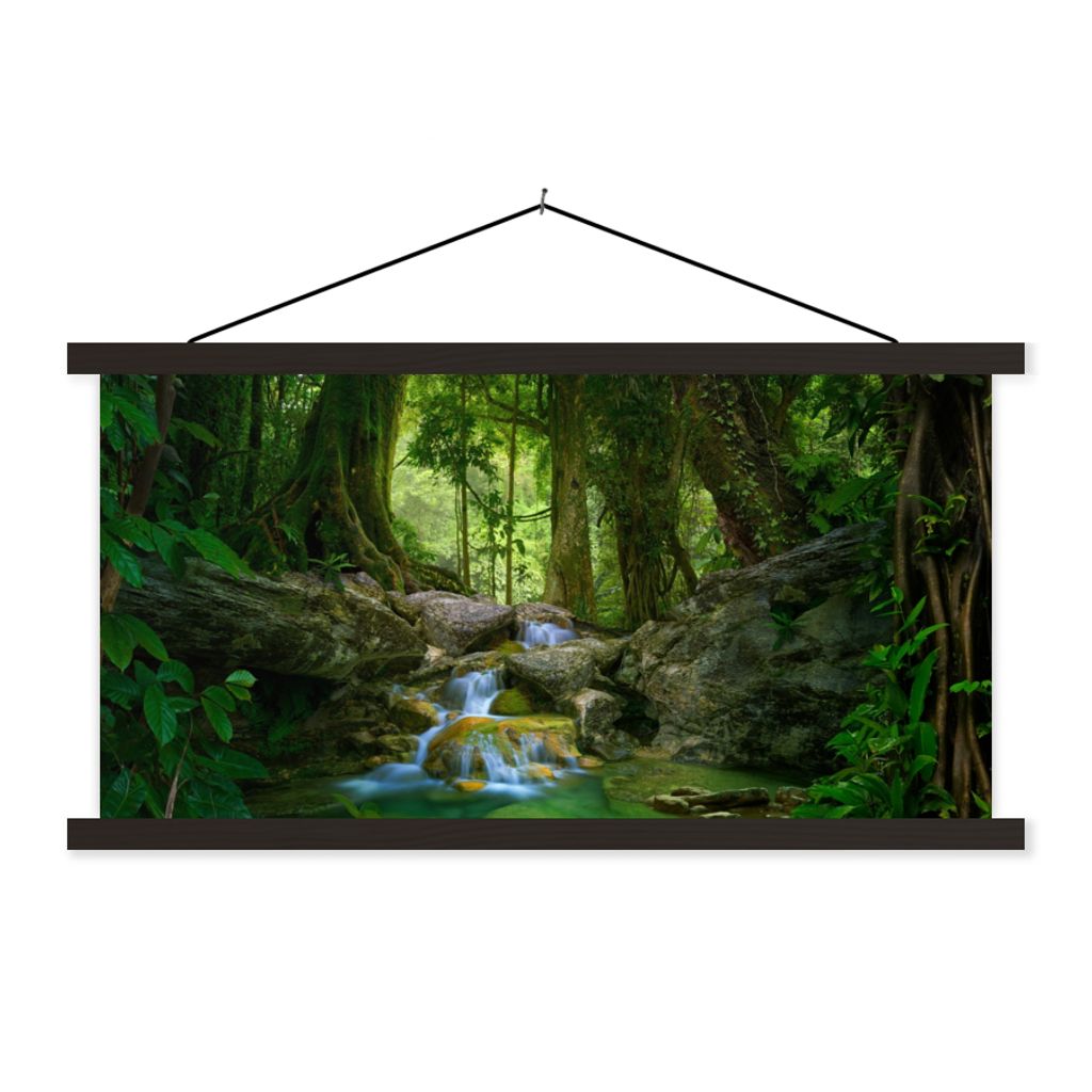 MuchoWow Textilposter Dschungel - Steine - Wasser - Natur - Pflanzen 90x45 cm mit schwarzem Rahmen - Klemmleisten