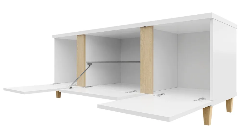 Banc TV blanc laqué et bois avec LED intégrées pour salon moderne - 2