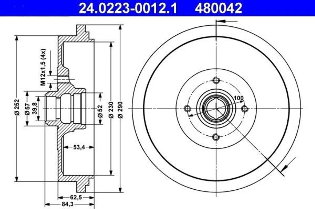 Tambour de frein ATE 24.0223-0012.1 pour VW Passat 35I OE 357501615
