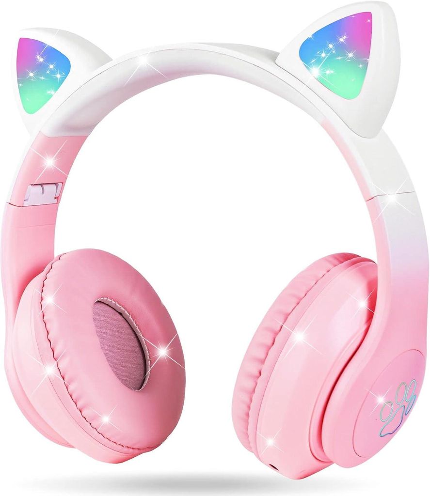 AXFEE Kinder Kopfhörer Bluetooth Over-Ear mit LED Katzenohren, Faltbar, Stereo Sound, Mikrofon & SD-Karten Unterstützung
