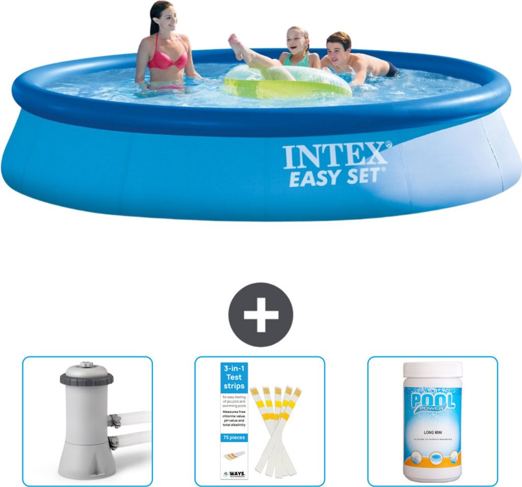 Intex runder aufblasbarer Easy Set-Pool – 396 x 84 cm – Blau – im Lieferumfang enthalten Filterpumpe für Schwimmbad - Teststreifen - Chlor