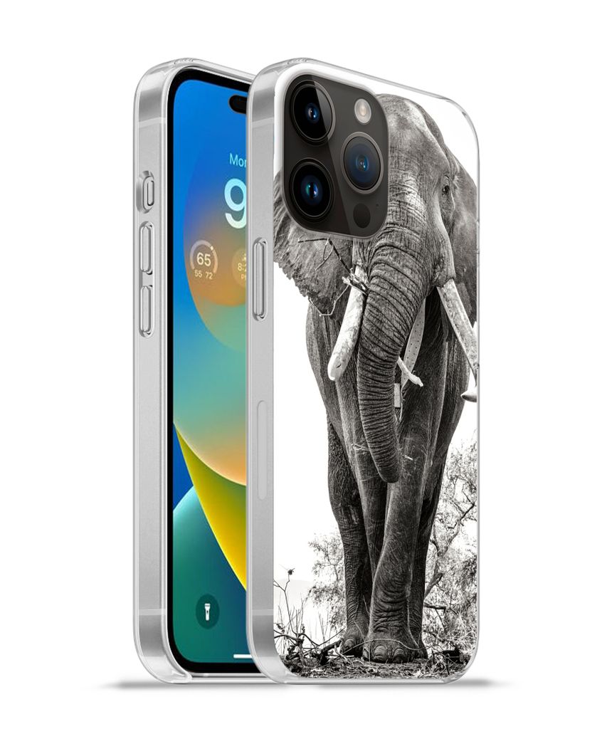 MuchoWow Handyhülle Schutzhülle Hülle für Apple iPhone 14 Pro Max Elefant - Porträt - Tiere - Schwarz und weiß Silikon Softcase Handy Hüll...