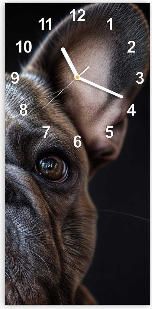 Wanduhr aus Glas mit Motiv Bulldoggenportrait- 30 x 60 cm - inkl. Aufhängesystem