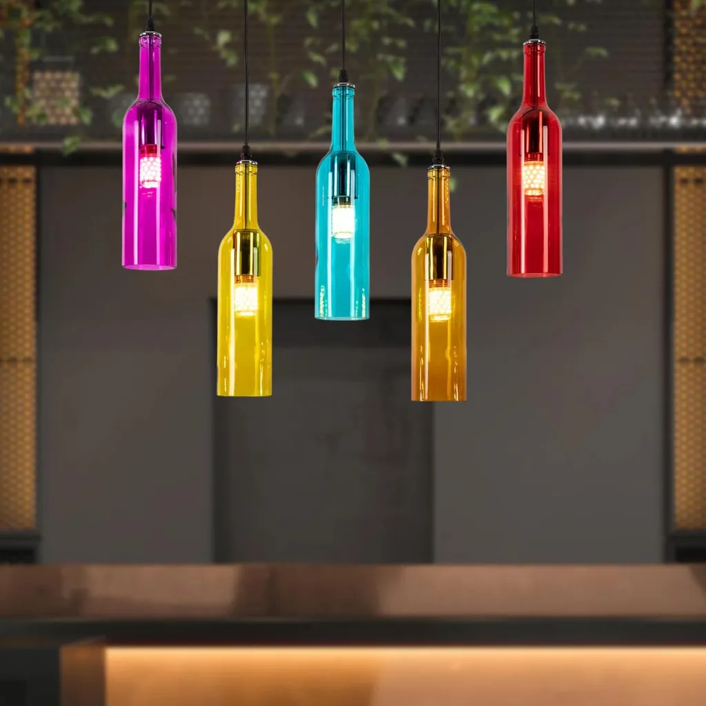 Lampada a sospensione a forma di bottiglia di vino - 5 luci - Regolabile in altezza 150 cm - Attacco E27 - Dimmerabile - Vetro - Senza lampadina - Multicolore - 6