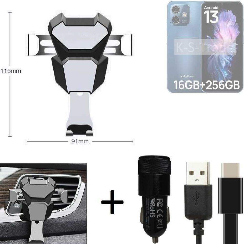 K-S-Trade Lüftungsschlitz Halterung kompatibel mit Ulefone Note 16 Pro Lüftungshalterung Lüftungsgitter schwarz-silber Auto-Halterung Smartphone