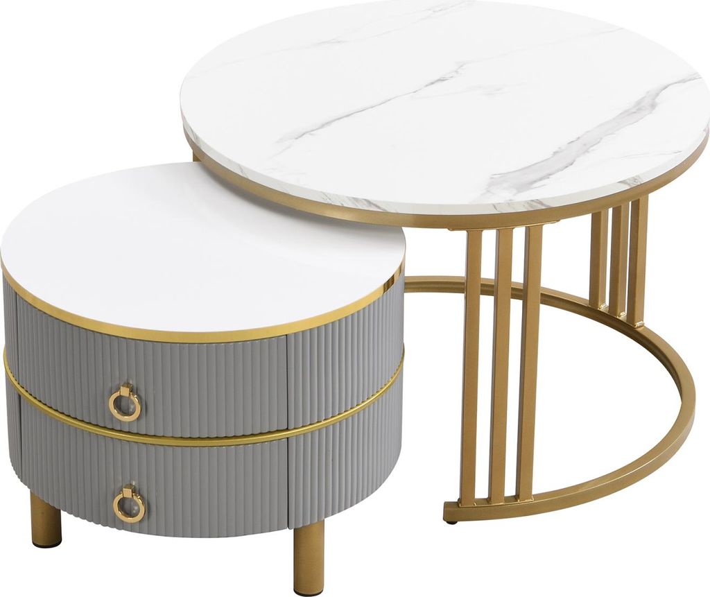 Fortuna Lai 2-in-1-Couchtisch, rund, MDF, Beistelltisch mit weißer Marmorplatte, 2 Schubladen, Grau