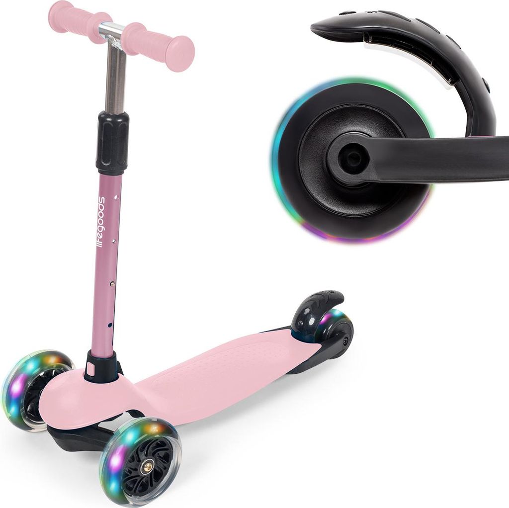 LifeGoods - Kinderroller - Roller 2-5 Jahre - 3 Leuchtende LED-Räder - Höhenverstellbar - Jungen/Mädchen - Pastellrosa
