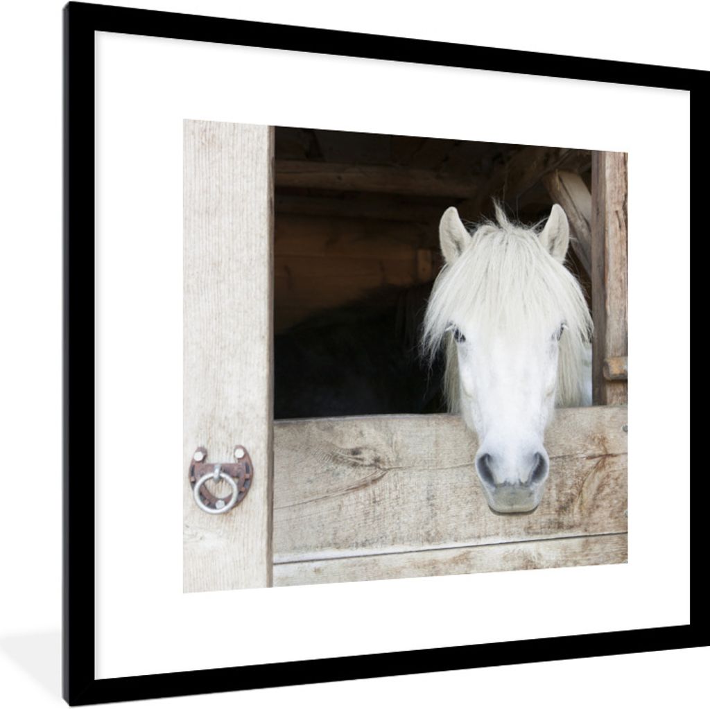 MuchoWow Gerahmtes Poster Pferde - Pferdestall - Regale 40x40 cm - Poster mit Schwarzem Bilderrahmen Wandposter Rahmen Foto Bilder - Poster - Pla...