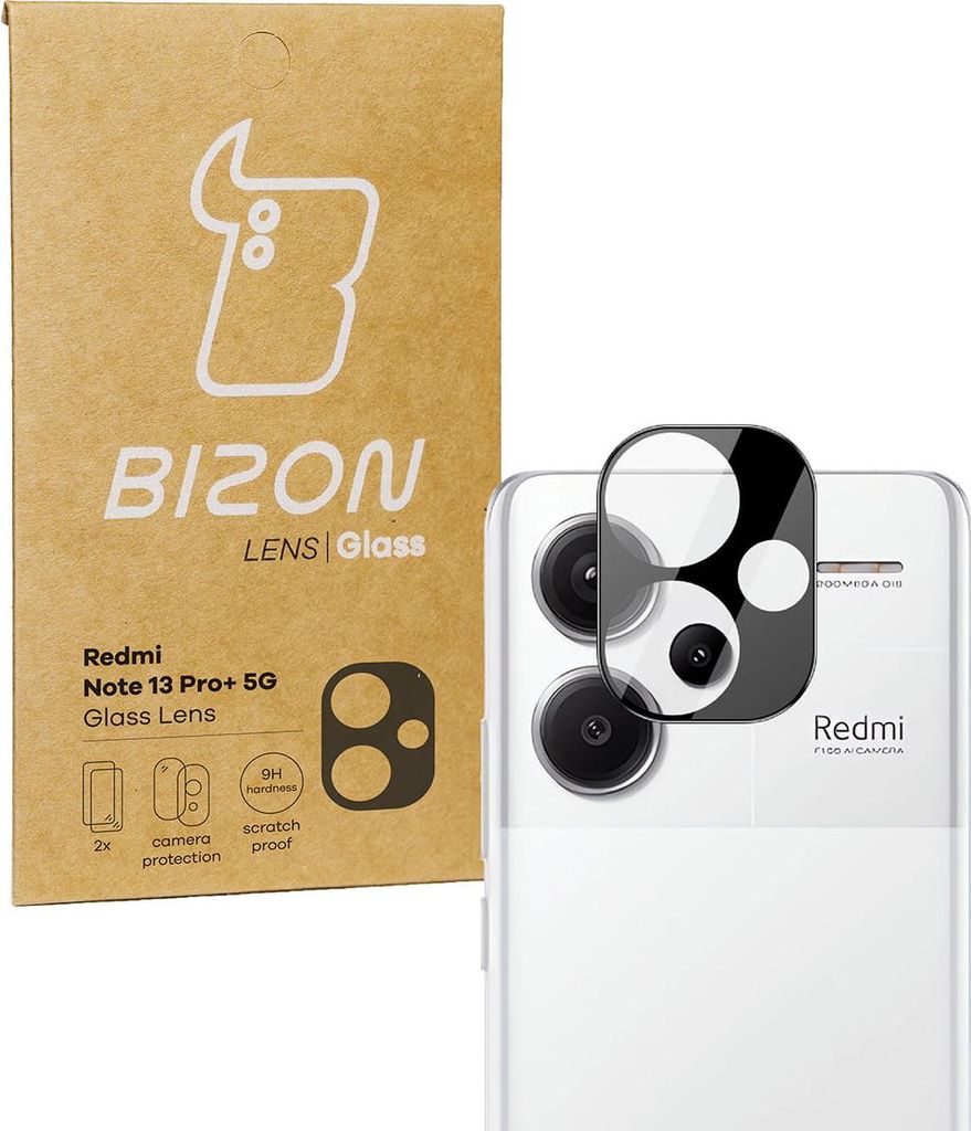 A product packaging box for a camera lens protector is shown next to a smartphone with the lens protector applied.