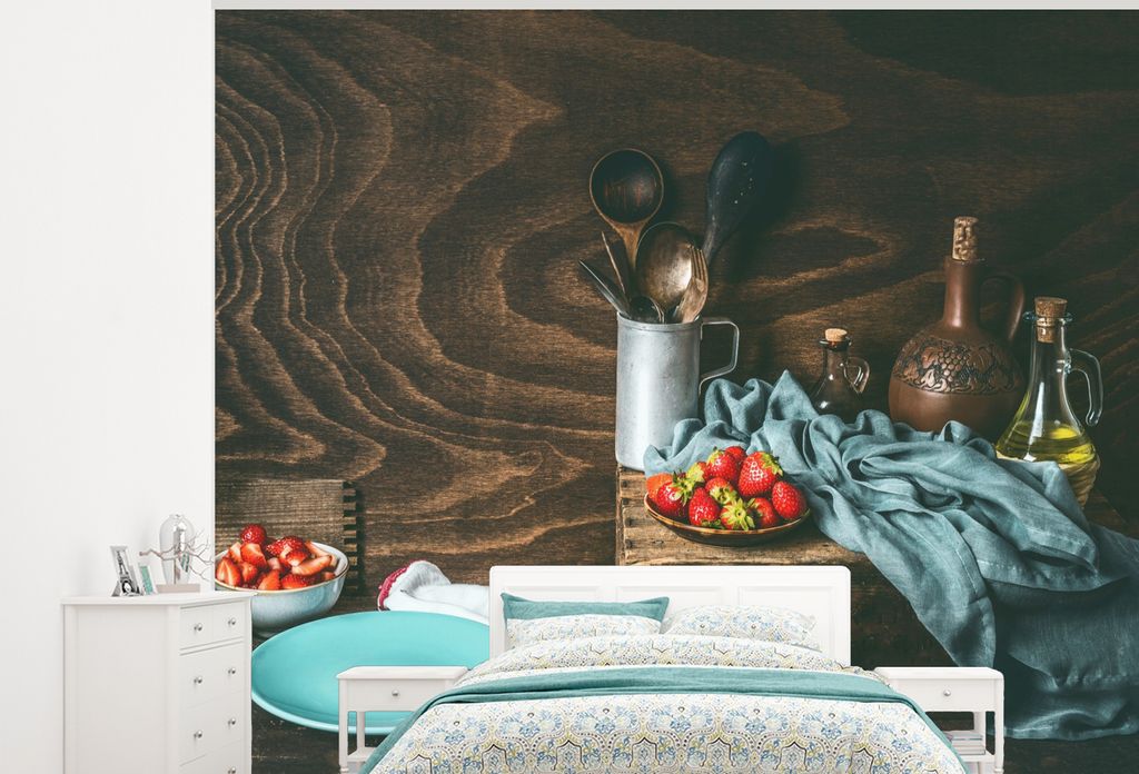 MuchoWow Fototapete für Wohnzimmer oder Schlafzimmer Wandtapete Vinyl Motivtapete Rustikal - Obst - Küchenutensilien - Erdbeere - 275x220 cm - ...