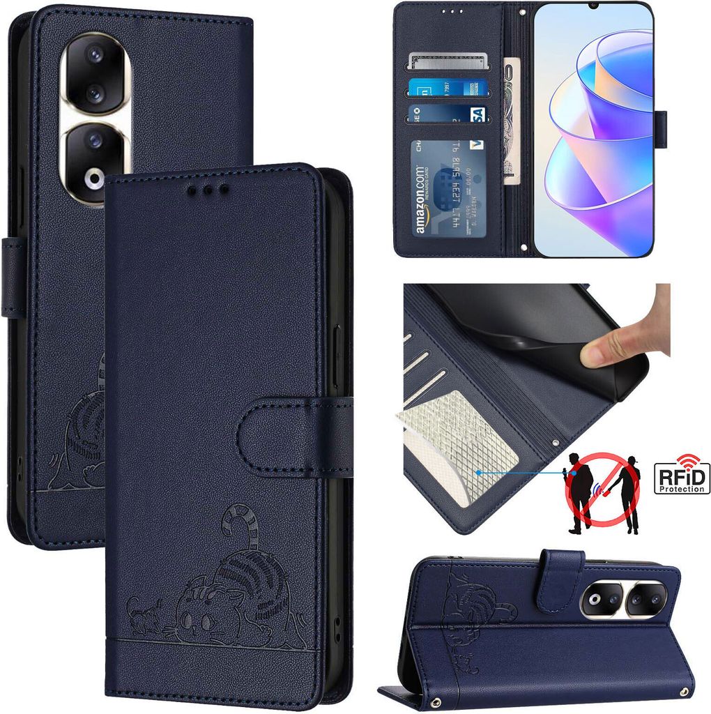 Leder Hülle für Honor 90 Pro Süße Katze Flip Case Brieftasche Schutzhülle mit Standfunktion Blau