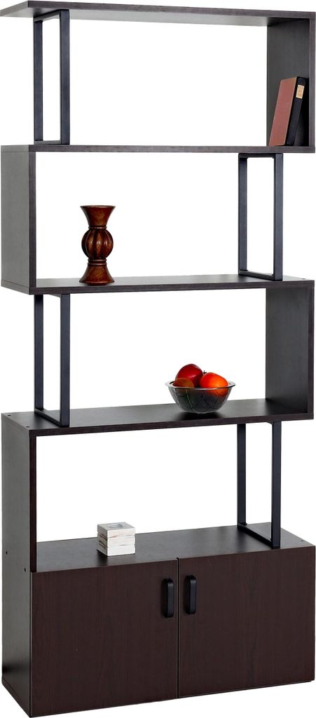 Bücherregal HWC-A27, Regal Standregal Raumteiler Wohnregal, Staufach mit Tür 183x80cm 3D-Struktur dunkelbraun